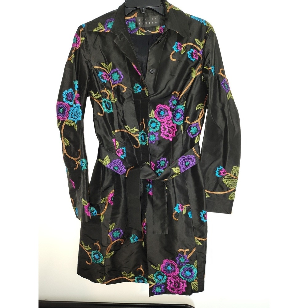 Finity Studio Womens Black Silk Embroidered Floral Trench Coat Belted Jacket 4
